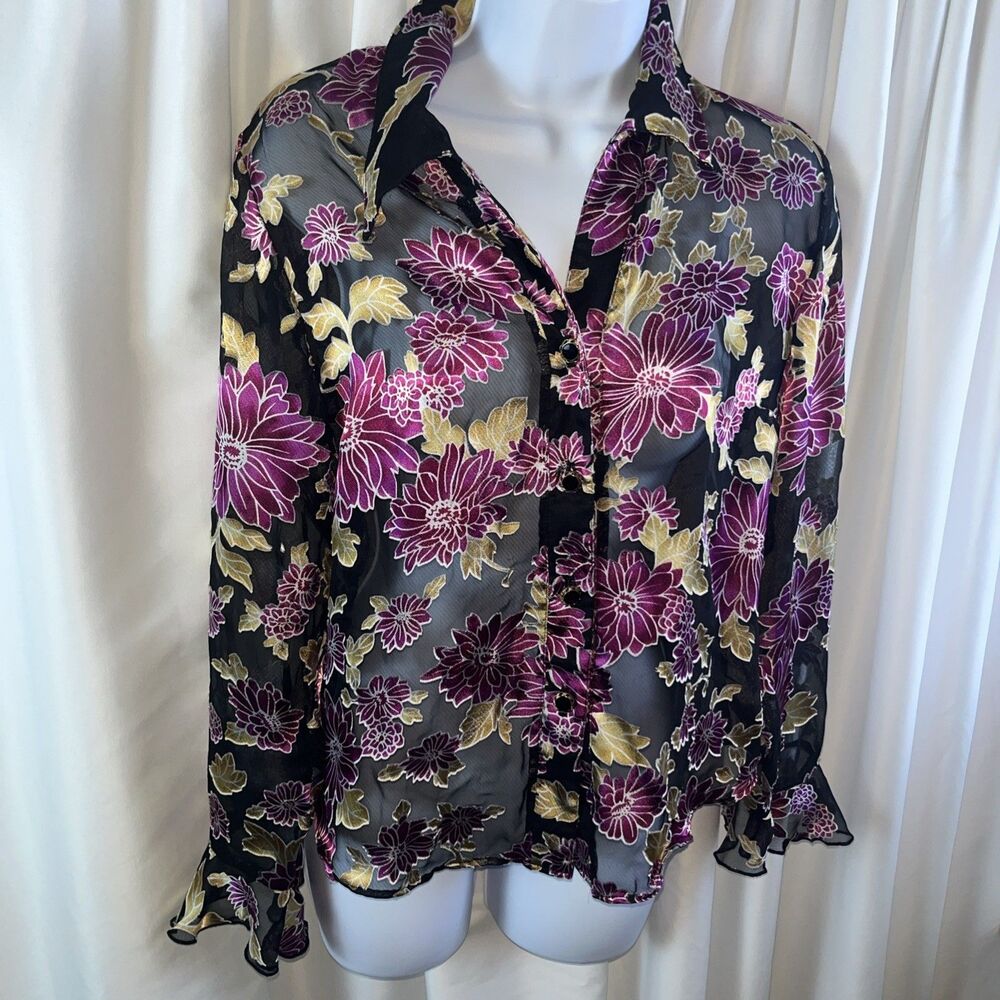 Vintage Dressbarn Sheer Mesh Floral Button Down Blouse Size S Multicolor Y2K